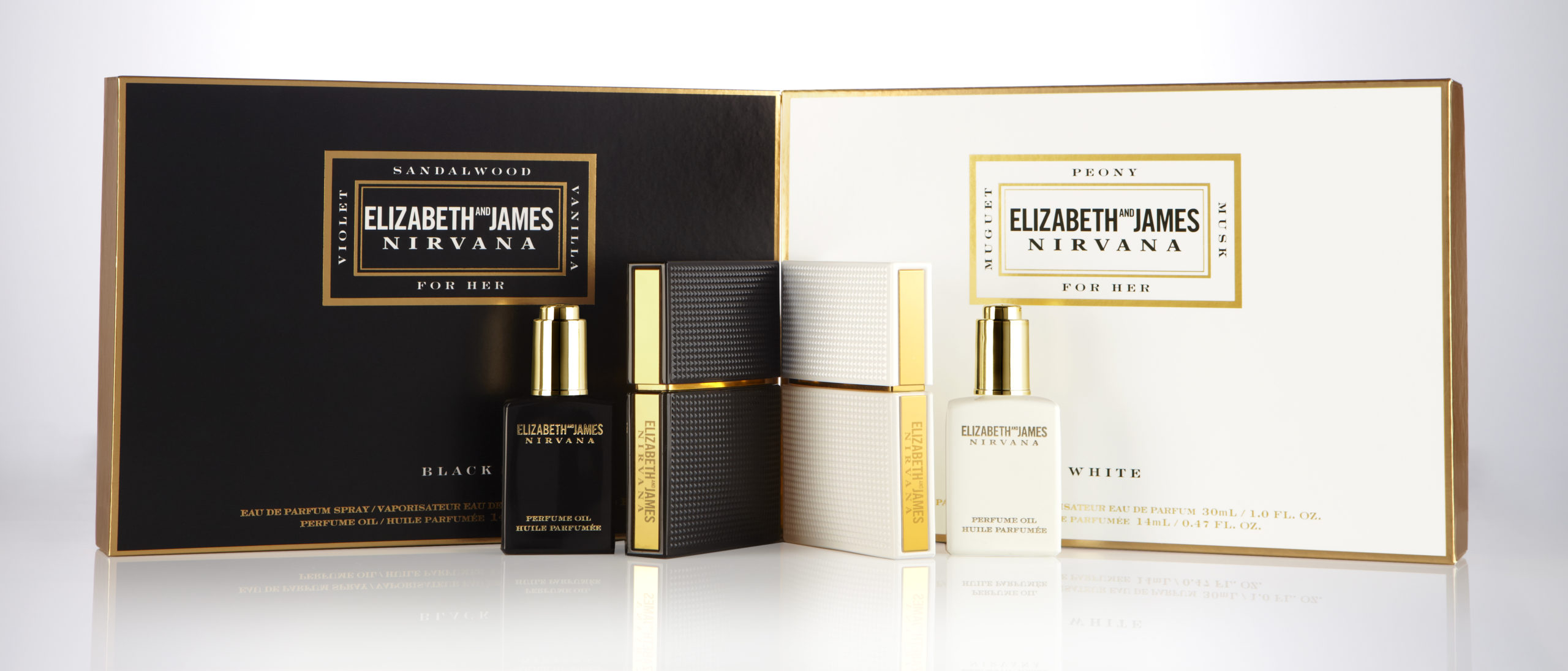 Modified group image for PR Elizabeth and James Nirvana White and Black perfume collection and lipgloss with packaging