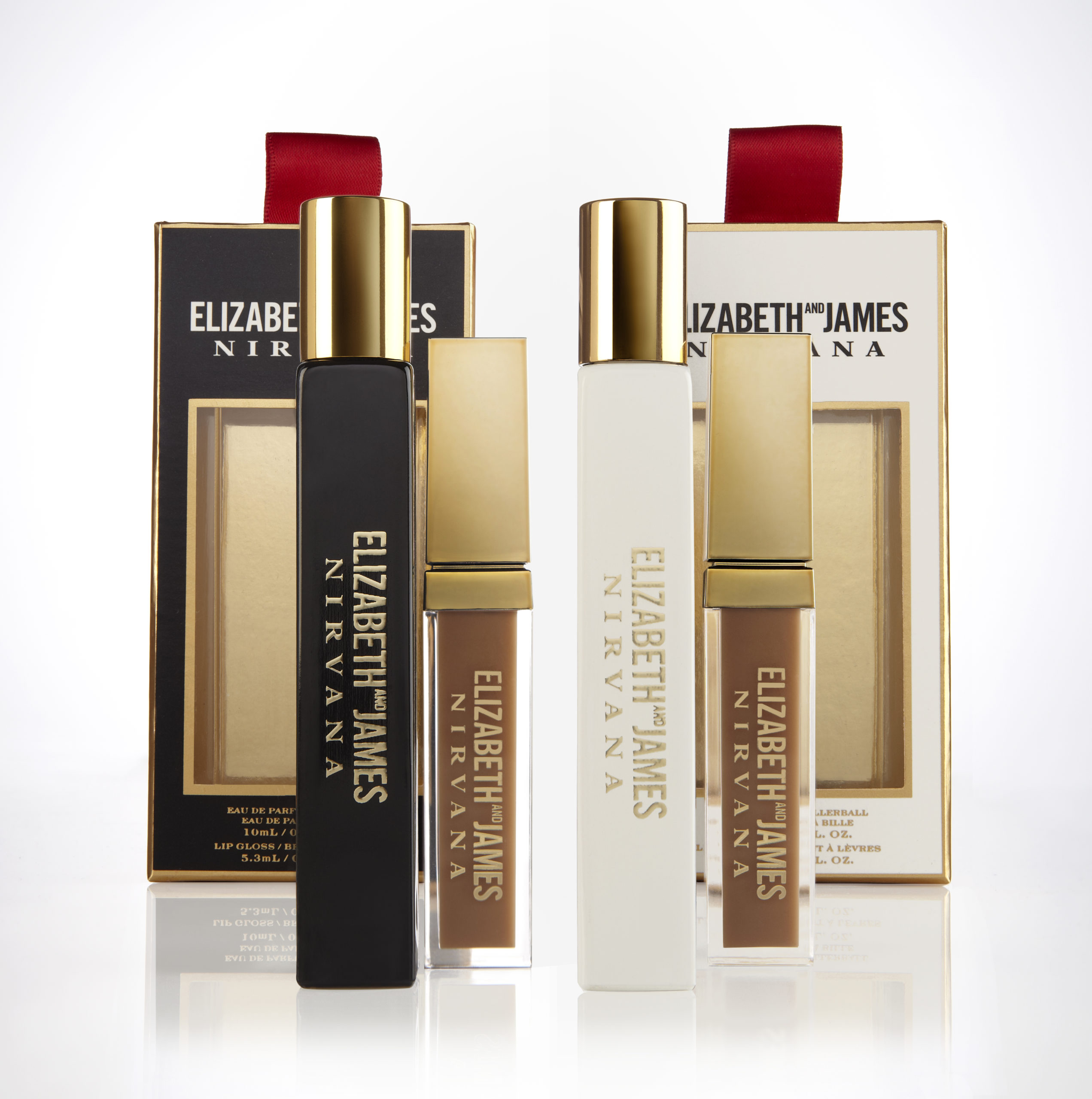 Elizabeth and James roller perfume Nirvana White and Black, and lipgloss with packaging